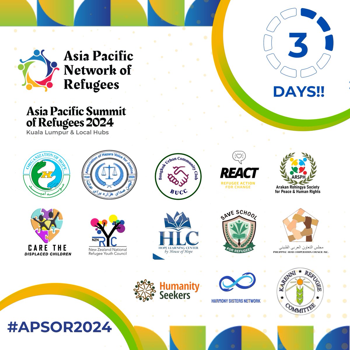 ⏳ Just 3 days to go! A huge thank you to all the collaborating organizations behind the 2024 Asia Pacific Summit of Refugees! Your dedication to creating a brighter future for displaced individuals in the Asia Pacific Region is truly inspiring.🌟 #APSOR2024 #Collaboration