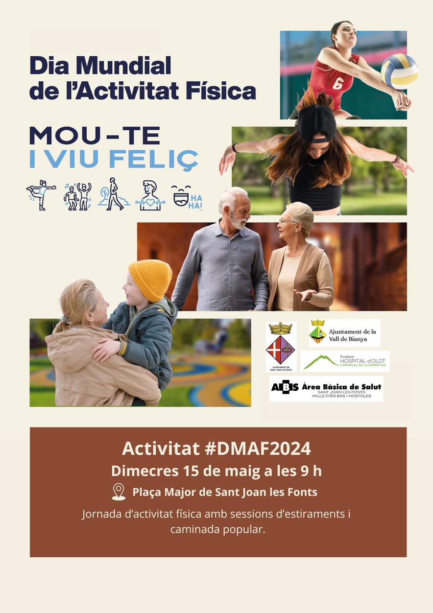 15/05 Activitat a @santjoanfontsaj per celebrar el #DMAF24 🚶🏽‍♀️Jornada d'activitat física amb sessions d'estiraments i caminada popular. ☔️En cas de pluja es farà al Pavelló de Sant Joan les Fonts Us hi esperem!