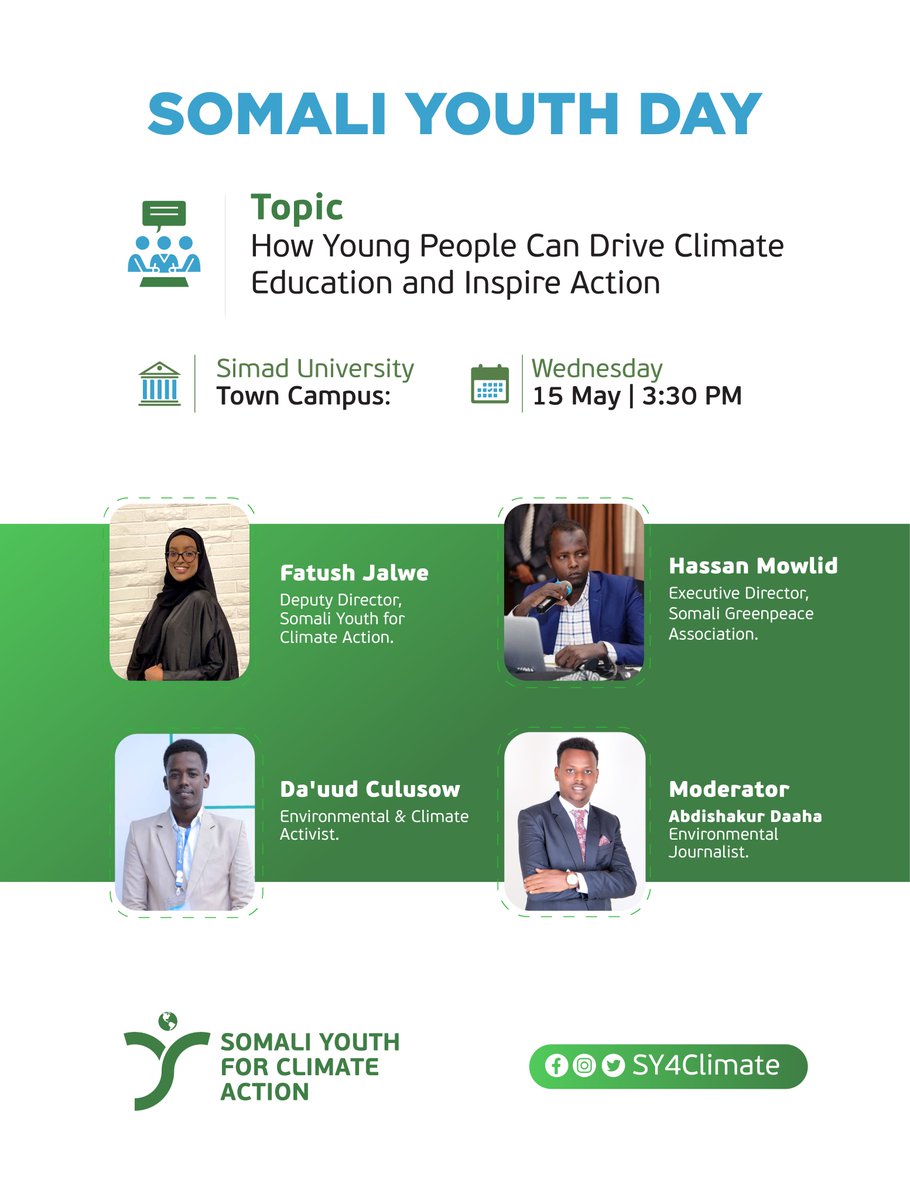 Join us in celebrating #SomaliYouthDay! while we explore how young people can lead the charge on climate education and motivate action for a sustainable future. Together, let's harness the power of youth to protect our planet! #SomaliYouthDay  #ClimateAction #SYCA