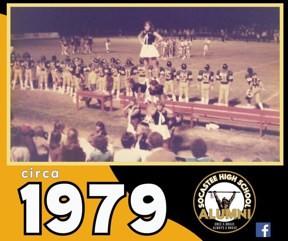 c. 1979 Socastee Braves & Cheerleaders at one of our home football games, which was played at the Coastal Carolina field, long before the CCU stadium was built.

📸 Susan Tomko ‘80