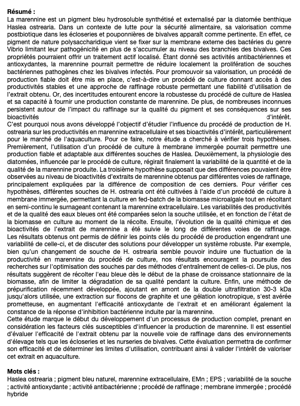 Mme Elodie PEDRON, présentera sa thèse de doctorat le 24 mai 2024, Univ. du #Québec à #Rimouski « Influence du procédé de culture et de purification sur la quantité et la bioactivité de la marennine produite par #Haslea ostrearia »
Co-tutelle #UQAR / #NantesUniversité <a href="/LaboGEPEA/">GEPEA</a>
