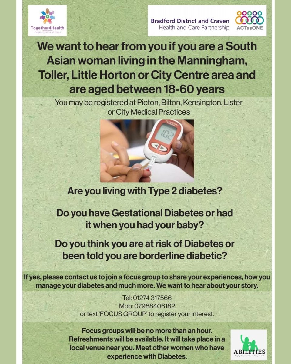 New Focus group to help South Asian Women with or risk of diabetes.