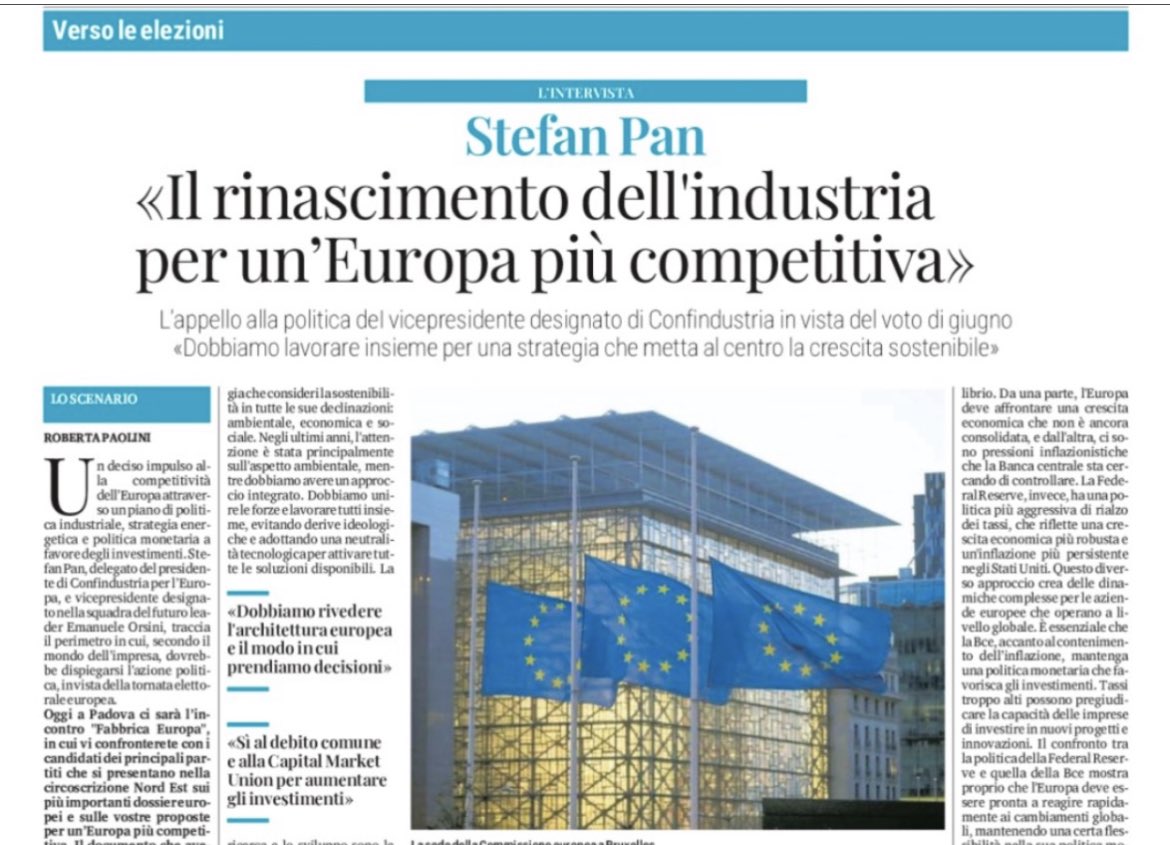 🗣️“Solo un rinascimento dell’industria europea può rimettere il nostro Continente sulla strada della ricchezza e del benessere”.

🗞️@stefanpan1 sulla @nuova_venezia in vista della presentazione di oggi di #FabbricaEuropa.