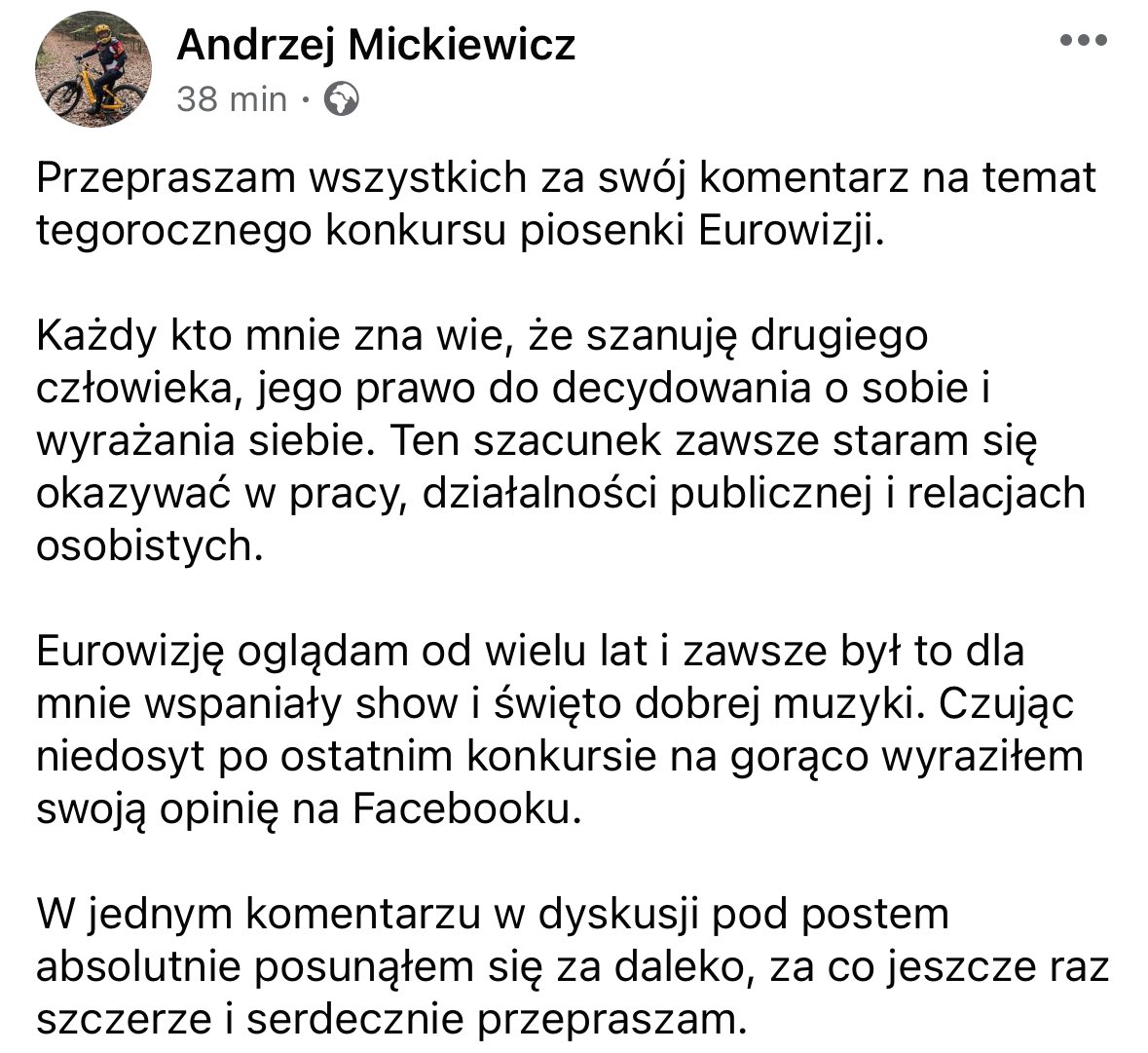 Nie wiem, czy to widmo wyrzucenia z partii/inne konsekwencje partyjne wymusiły przeprosiny, czy przyszła refleksja. Polityk @__Lewica Andrzej Mickiewicz przeprasza po swoim wpisie na temat Eurowizji.