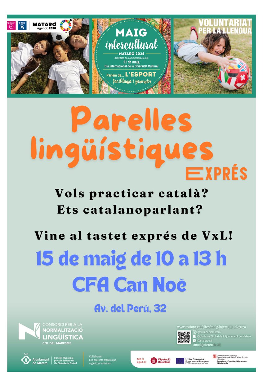 👥Demà, tastet de parelles lingüístiques exprés a Mataró! 🗣️Tastet de 5⃣ minuts amb parelles diferents, dins del marc 'Maig Intercultural. Mataró 2024', per practicar el català. 🗓️15 de maig 📍CFA Can Noè 🫵T'hi esperem! @vxlcat @cpnlcat @matarocat