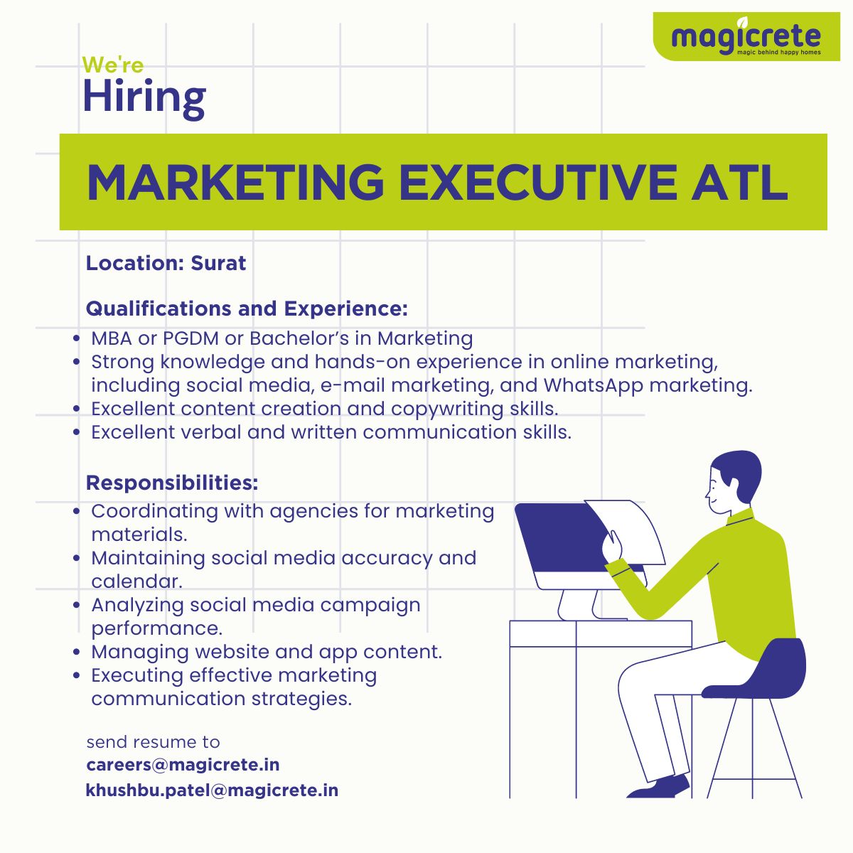 Join our team as a #𝐌𝐚𝐫𝐤𝐞𝐭𝐢𝐧𝐠𝐄𝐱𝐞𝐜𝐮𝐭𝐢𝐯𝐞 - 𝐀𝐓𝐋 and be part of crafting impactful #marketing & #communication strategies! 🚀
𝐋𝐨𝐜𝐚𝐭𝐢𝐨𝐧: 𝐒𝐮𝐫𝐚𝐭 

#Magicrete #AACBlocks #BuildingMaterials