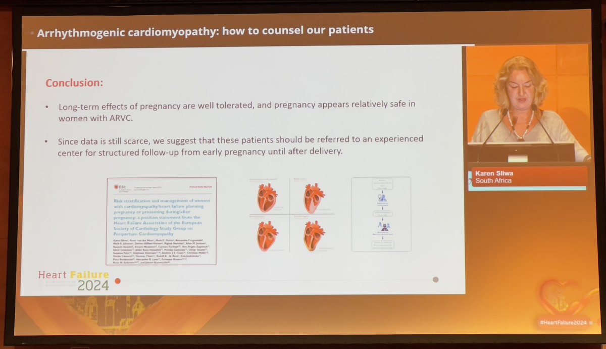 Can #ARVC patient get pregnant🤰❓ Perfectly summarized by Prof @Sliwa1Karen @CHI_UCT 📍#ARVC severity score is highly predictive, for #VA, 📍🤰➡️prolonged hemodynamic stress, but there’s 30%⬇️ in vascular resistance 📍relatively safe with good monitoring #HeartFailure2024