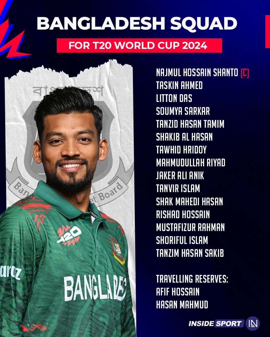 Najmul Hossain Shanto will lead Bangladesh's squad in the ICC Men's T20 World Cup 2024.

#T20WorldCup2024 #BangladeshCricket #NajmulHossainShanto #CricketTwitter