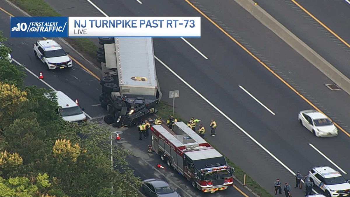 Overturned tractor trailer on NJ Turnpike northbound past Rt-73 in Mt Laurel. The right lane is blocked on the Turnpike -- only one left lane getting by. The on-ramp is also partially blocked. Traffic is getting by on both roadway and ramp, but it's slowing down. @NBCPhiladelphia