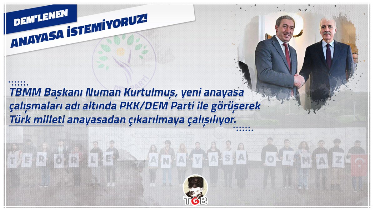 🔵 TÜRK KAVRAMINI HEDEF ALAN DEM'LENEN ANAYASA İSTEMİYORUZ! Türk kavramı, ülkenin bölünmez bütünlüğü ve milletin birliğini koruyan en baş unsurdur. Türksüz anayasa girişimlerine geçit vermeyeceğiz!