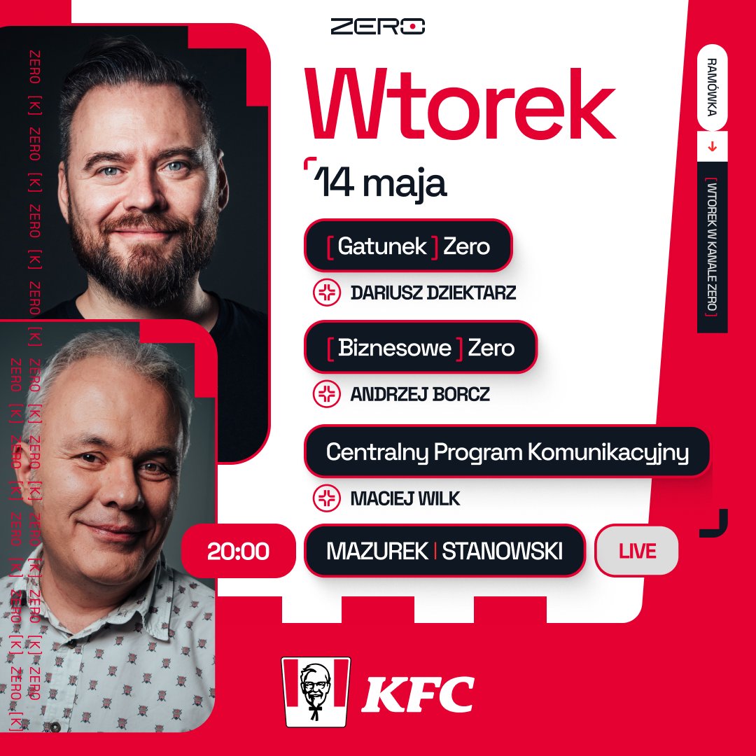 Plan na wtorek jest prosty! 😎
🌱 Zaczynamy od leśnej dawki edukacji od Dariusza Dziektarza w 'Gatunku Zero',
💵 Przechodzimy do 'Biznesowego Zera' z Andrzejem Borczem,
📣 Następnie czeka na nas Centralny Program Komunikacyjny z udziałem Macieja Wilka,
⏰ O 20:00 widzimy się na