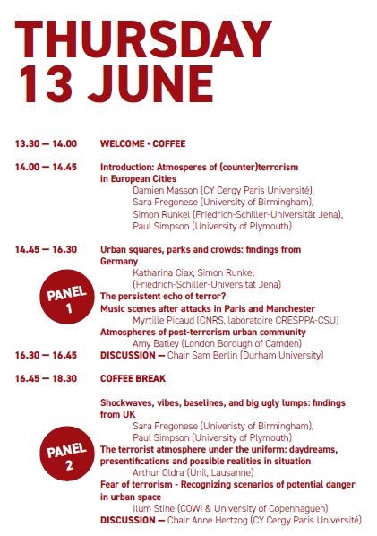 LaboPLACES's tweet image. Colloque : Cities and (Counter)Terrorism - Ordinary Practices, Experiences and Atmospheres
Date : 13 et 14 juin 2024 / Lieu : CY Cergy Paris Université, Salle Simone Veil - chênes 1
Organisé par Damien Masson, MCF en urbanisme, CY Cergy Paris Université, Laboratoire PLACES