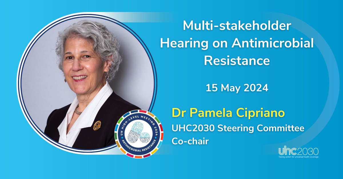 Our co-chair, @PamCiprianoRN, will attend the Multi-stakeholder Hearing on #AntimicrobialResistance.

Preventing #AMR is interlinked with achieving #UniversalHealthCoverage.

Progress towards universal health coverage will help us address AMR as a public health threat.