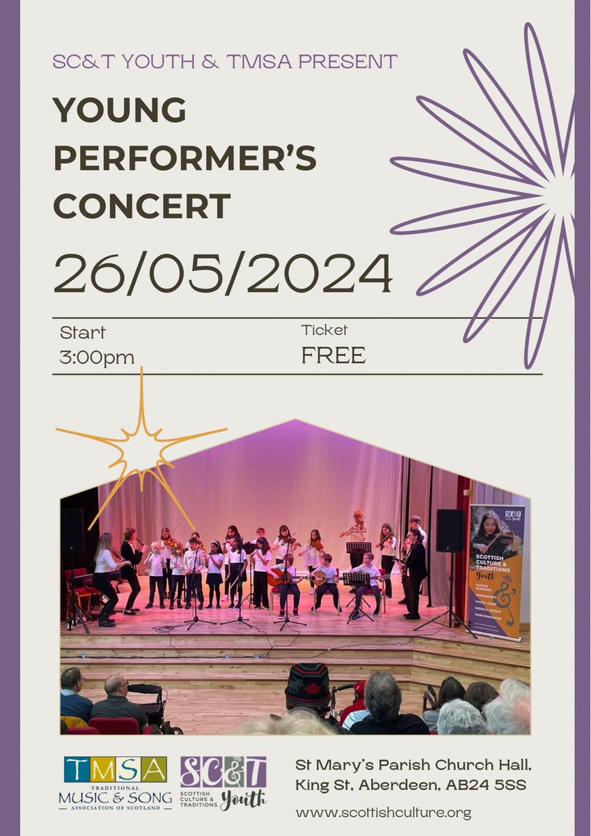 🚨 FYI 🚨the venue for the Traditional Music and Song Association of Scotland (TMSA Aberdeen) and SC&T Youth Young Performers' Concert on 26 May in Aberdeen has now changed, and the event will now take place in St Mary's Parish Church Hall on King Street, Aberdeen AB24 5SS.