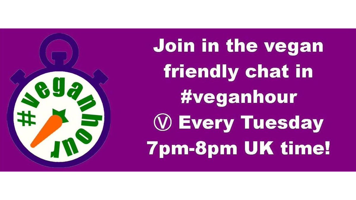 📝1 hour to go before this week's #VeganHour Ⓥ Share your vegan food, recipes, animal rights, action & campaigns etc. 🌱 Remember to add the #VeganHour hashtag to your tweets! 🕖 Join in the #vegan friendly chat every Tuesday 7pm - 8pm UK time. #veganism #veganfortheanimals