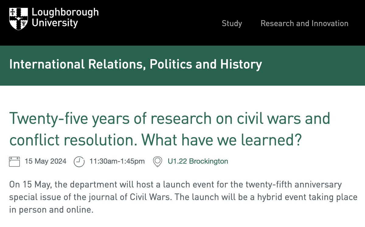 Still on time to attend online our discussion of 25 years of civil wars research at @LboroIRPH with the editors of @CivilWarsUK @PolViolence @_AlexWaterman and Prof @kennedycdog! Sign up here: shorturl.at/CK079 tagging @CRS_INFO @BISA_Peacekeep @PAWscholars @LboroPR