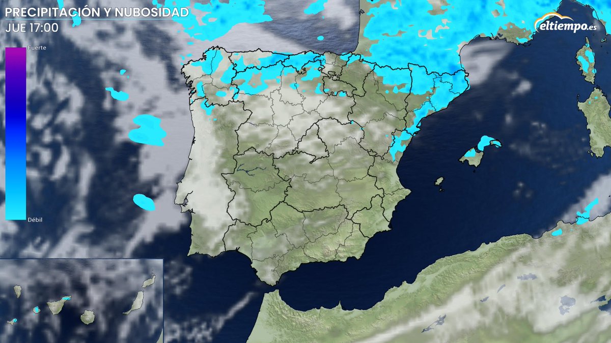 #ElTiempoHoy Día marcado por las lluvias en el norte peninsular con la cercanía de una #borrasca atlántica. Podrán ser persistentes en Galicia y en el este de Cataluña podrían formarse tormentas, sin descartarlas en Baleares o el interior de Castellón. Nuevas nevadas en Pirineos.