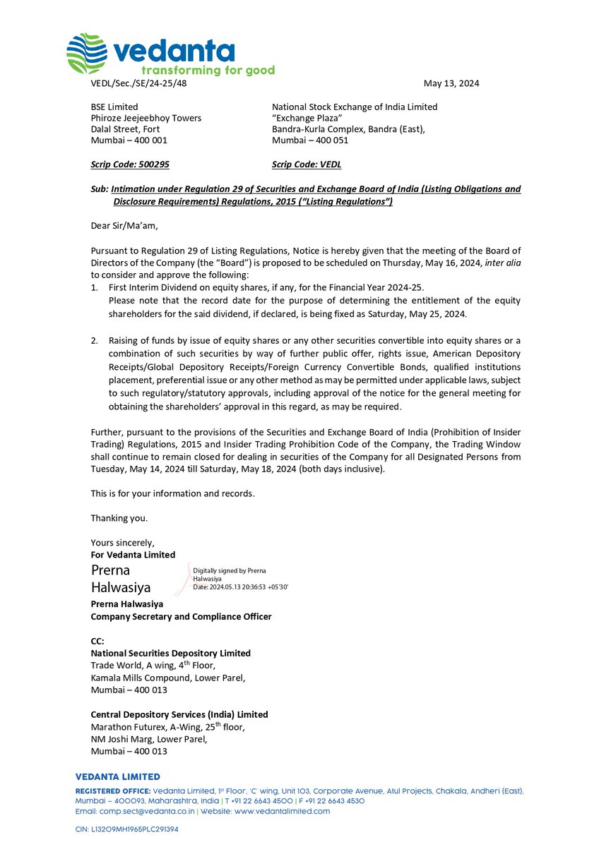 ipoprodecoding's tweet image. Vedanta Ltd board to explore funding options (FPO, Rights Issue, QIP, preferential allotment) at a meeting on May 16th. #Vedanta #StockMarket
Follow us to get regular updates on IPO/FPO/BUYBACK
Retweet it so the data can reach with maximum
Like❤️Comment💬Retweet♻️ Share📢