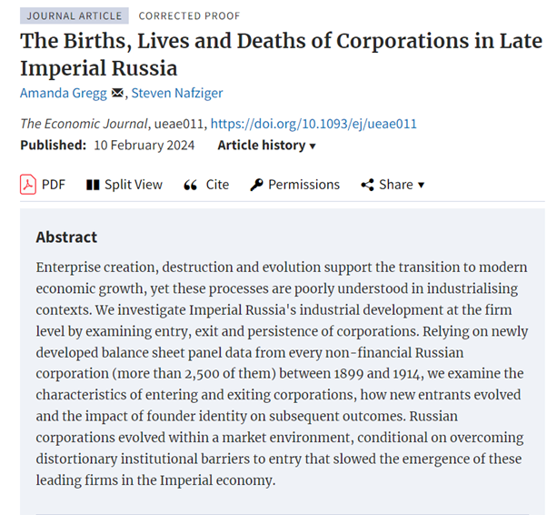 EJ_RES's tweet image. Forthcoming in EJ: ‘The Births, Lives and Deaths of Corporations in Late Imperial Russia’ by Amanda Gregg, Steven Nafziger doi.org/10.1093/ej/uea… @AmandaGregg711 @RoyalEconSoc @OUPEconomics #EconTwitter
