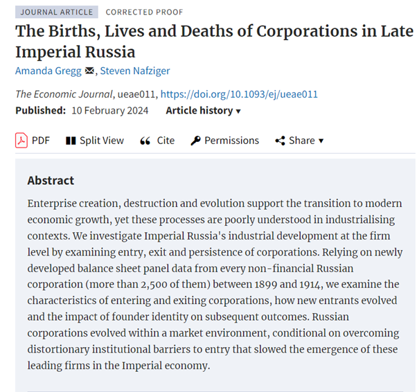 Forthcoming in EJ: ‘The Births, Lives and Deaths of Corporations in Late Imperial Russia’ by Amanda Gregg, Steven Nafziger doi.org/10.1093/ej/uea… @AmandaGregg711 @RoyalEconSoc @OUPEconomics #EconTwitter