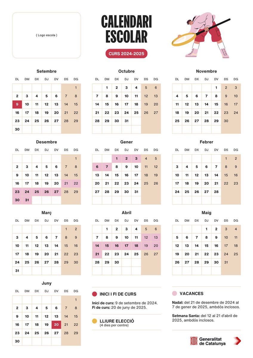 🗓️Aquest és el calendari escolar 2024-2025.

🏫Centres, a la Intranet us el podeu descarregar i adaptar-lo amb els dies de lliure disposició. També hi trobareu una guia explicativa de com fer-ho. 

Famílies, també us el podeu descarregar aquí ➡️ educacio.gencat.cat/ca/arees-actua…