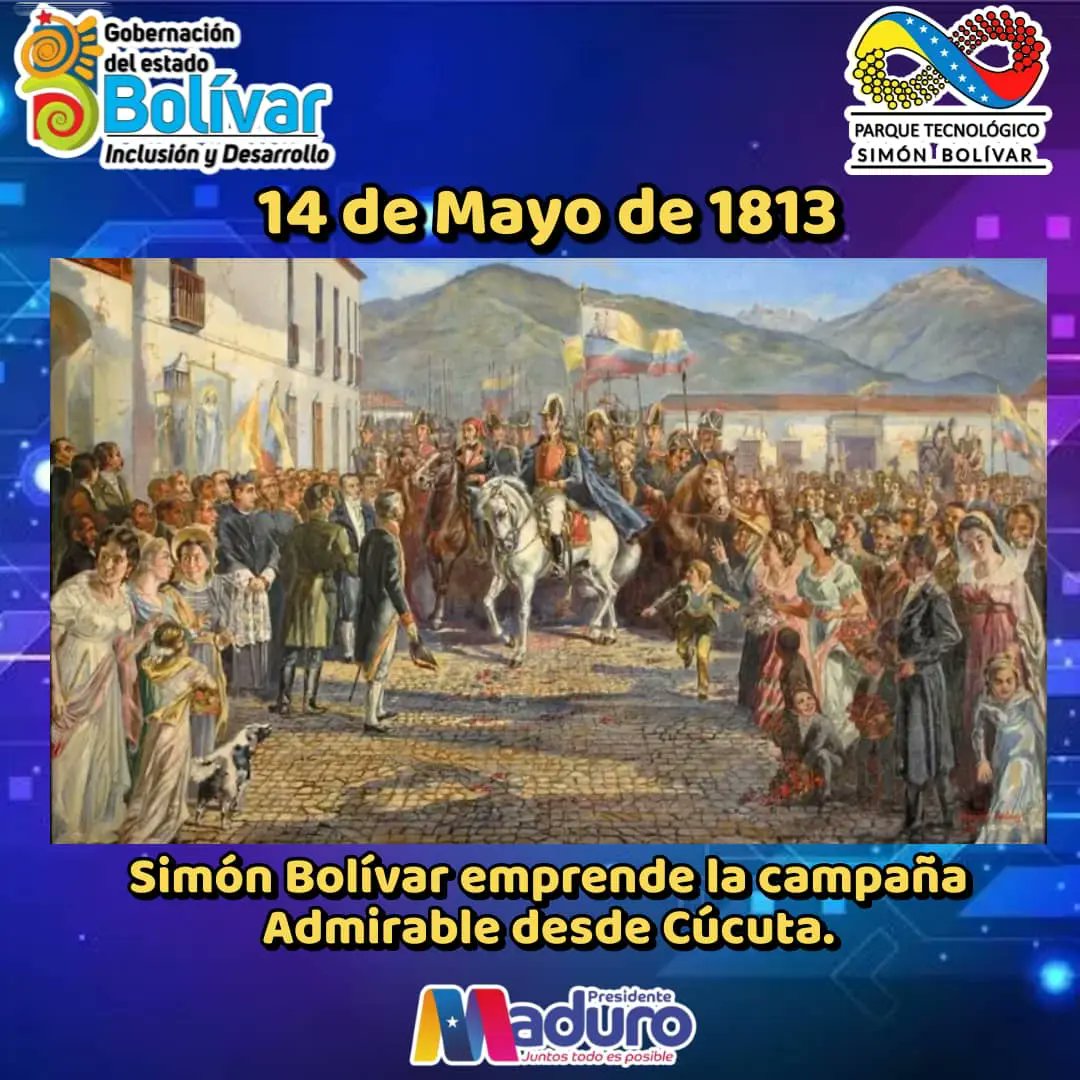 #EfeméridesDeHoy | #14May En 1813 Simón Bolívar emprende la campaña Admirable desde Cúcuta. Fue una acción militar enmarcada dentro de la guerra de independencia de Venezuela.
@NicolasMaduro
@delcyrodriguezv
@Gabrielasjr
@amarcanopsuv
@JesusLeonPCV
#VenezuelaVaPaArriba