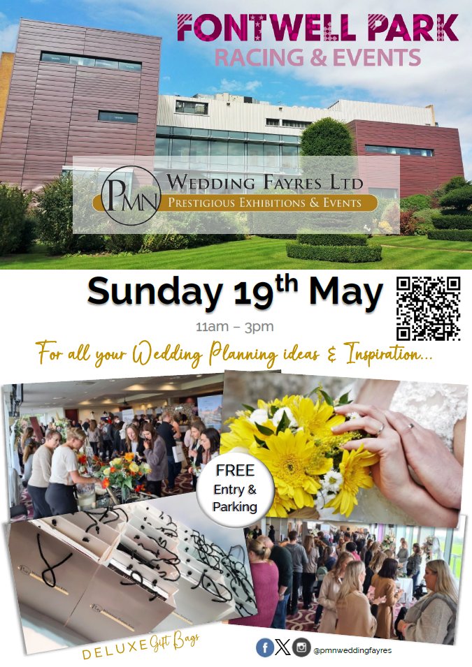 It's our final #weddingfayre💗of the Spring Season 🌻this Sunday 19th May @FontwellPark 🐎 With Free Entry + Free Parking, join us for a complimentary glass of fizz too🥂whilst gathering lots of #weddingideas #weddinginspiration 💒💞