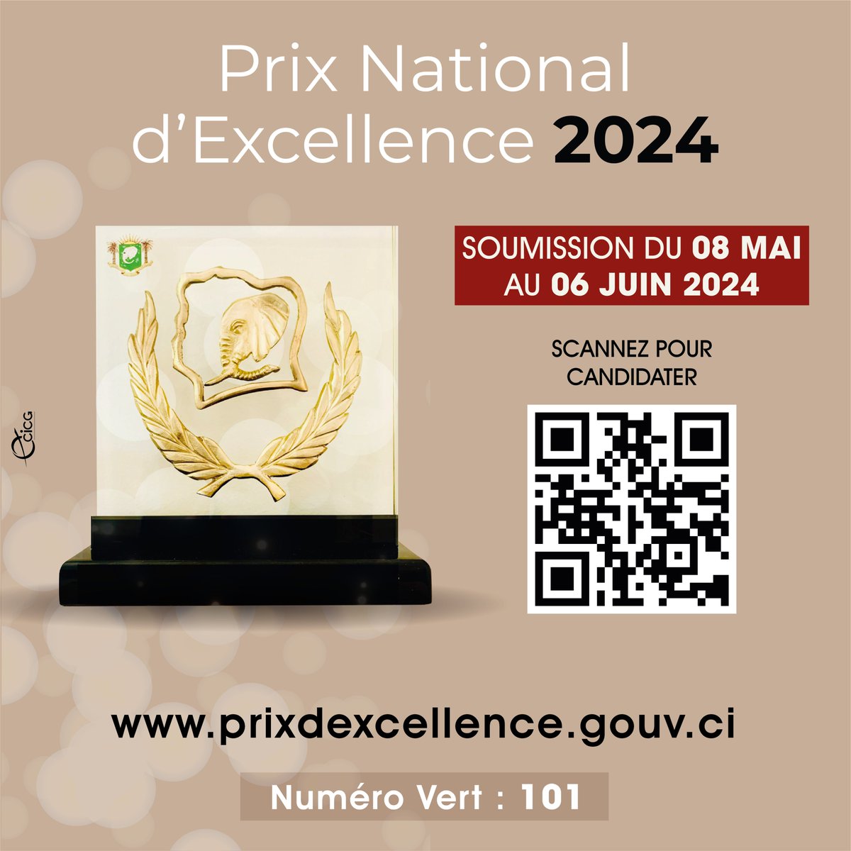 Les inscriptions pour le Prix National d'Excellence 2024 sont ouvertes. Les candidatures peuvent être soumises du 08 mai au 06 juin 2024 sur le lien suivant : prixdexcellence.gouv.ci/inscription/in… #PrimatureCI #CICG #GouvCI #MINCOM