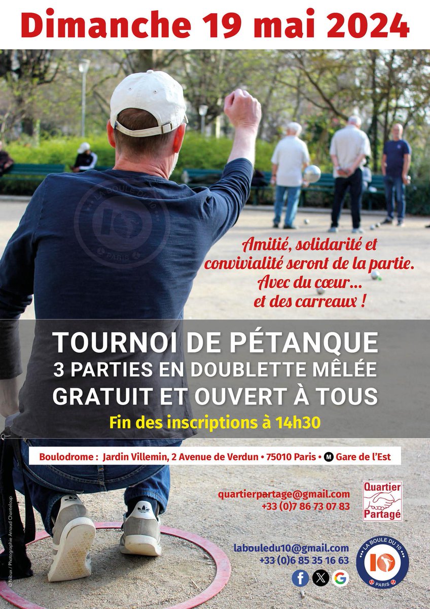 Concours Quartier Partagé 

    Du dimanche 19 mai 2024 à 14h00, au dimanche 19 mai 2024 à 18h00
    
Ouvert à tous, Gratuit, en 3 parties à la mêlée .