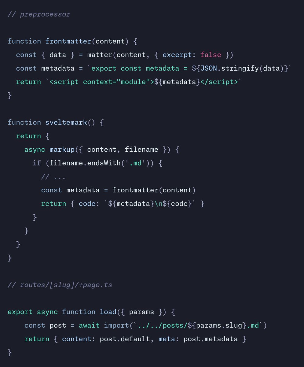 What about frontmatter? You can do the same thing mdsvex does under the hood — parse the frontmatter and export the metadata. You can import Markdown files since they're treated as modules and grab the content and metadata to render on the page.