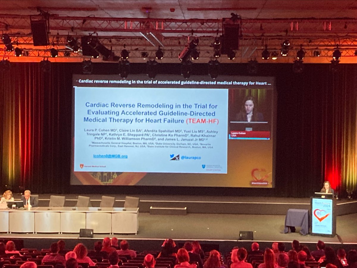 Dr. @laurapco presenting the #TEAMHF echo data after rapid #GDMTworks clinic titration Average 6% LVEF rise >60% with 🔼LVEF from below to above 35% 50% 🔽in 3-4+ MR These results emphasize the value of GDMT programs! @MGHHeartHealth @HFA_President