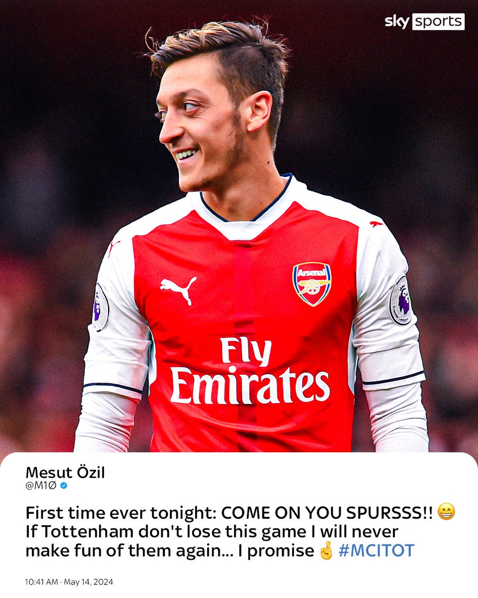 SkySportsPL's tweet photo. Tottenham fans, cover your eyes! 😨

Former Arsenal midfielder Mesut Özil has tweeted his support for Spurs this evening 👀 https://t.co/MPMGb88AHw