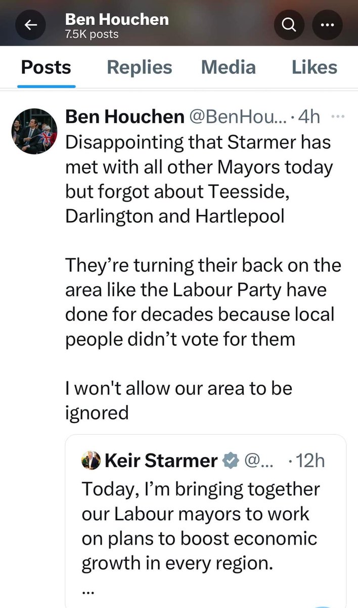 🚨 #TeesValley Mayor @BenHouchen 'playing politics' and 'sniping from the sidelines' - the very thing his friend @RishiSunak blames #Labour for. 

Ben didn't seem to notice though that @Keir_Starmer was meeting @UKLabour mayors.🤦🏻‍♂️

#ToryGaslighting #ToryLiars 
#GeneralElectionNow