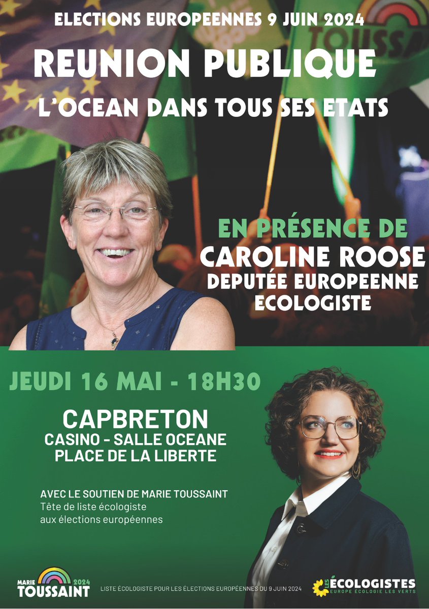 👋 réunion publique ce jeudi à 18h30 à Capbreton avec @CarolineRooseEU sur le thème de l #océan dans le cadre de la campagne des Écologistes pour les élections européennes menée par @marietouss1 . Contactez nous si vous êtes intéressé.e.s , nous organisons des covoiturages