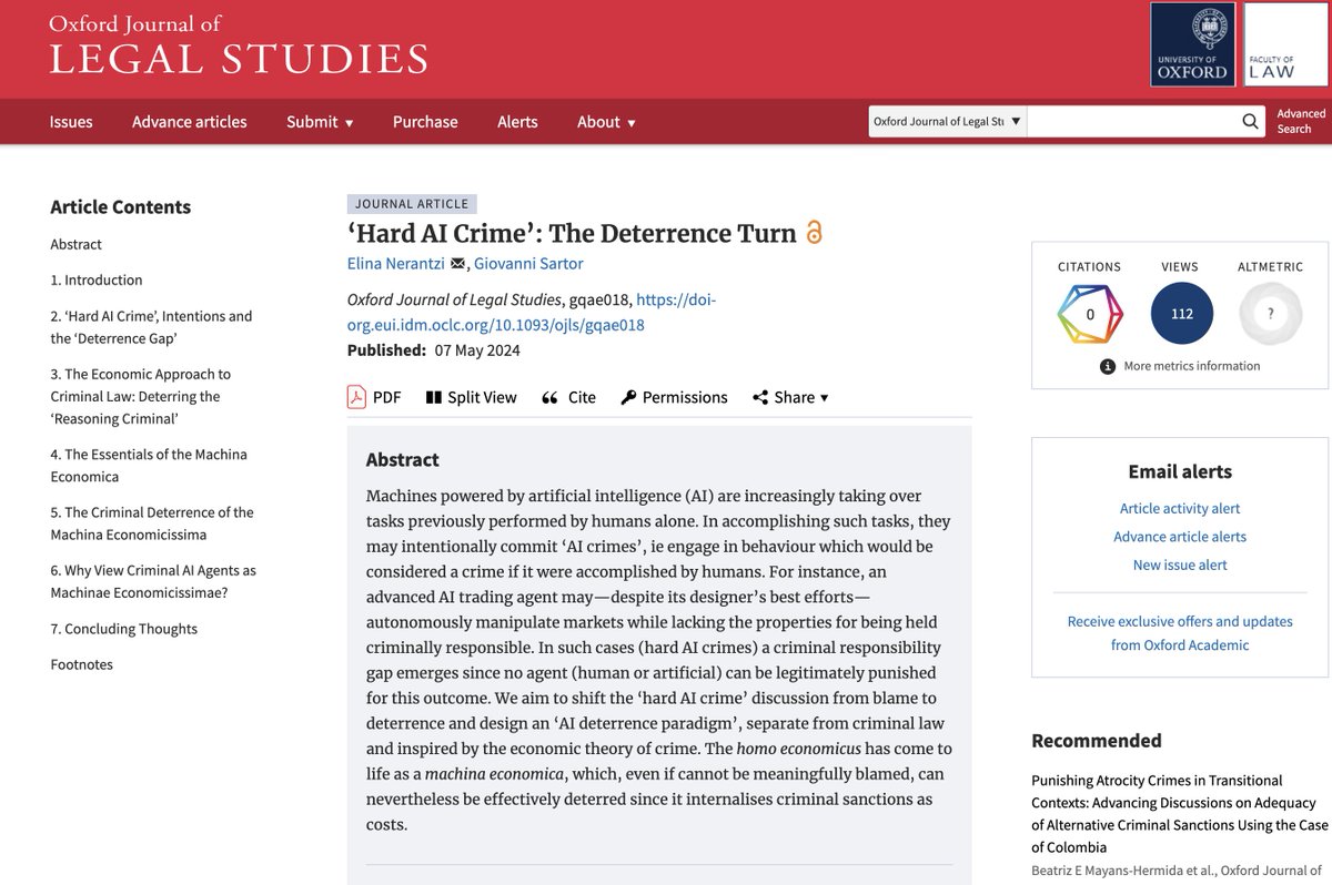 Is the 'homo economicus' a human or a machine? Prof. <a href="/GiovanniSartor3/">Giovanni Sartor</a> and I write about this in our article 'Hard AI-Crime: The Deterrence Turn' published in the Oxford Journal of Legal Studies: loom.ly/Qh_SYVk

The feeling of the first publication is something else.