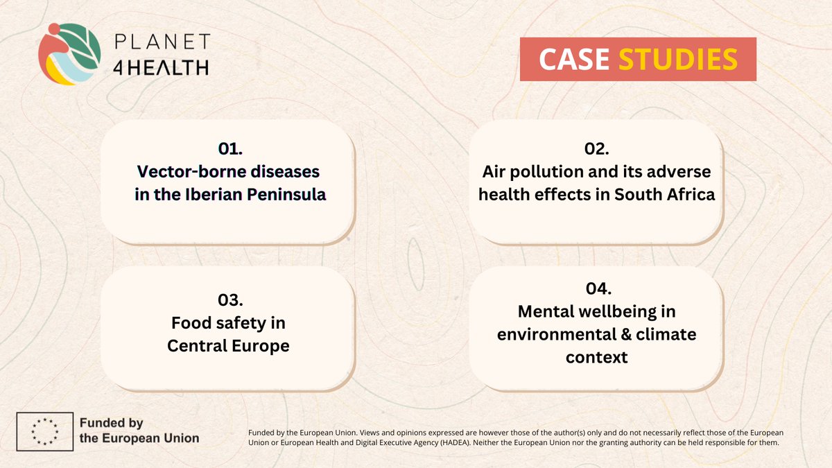 Announcing 4 case studies with #planet4health! 🌱

Spanning diverse geographical regions, 4 #casestudies will be conducted over the project's lifetime, focusing on pivotal areas. 

🔍 Explore more on our website 🌐 lnkd.in/dCx2cSdk

#euproject #horizoneurope #health