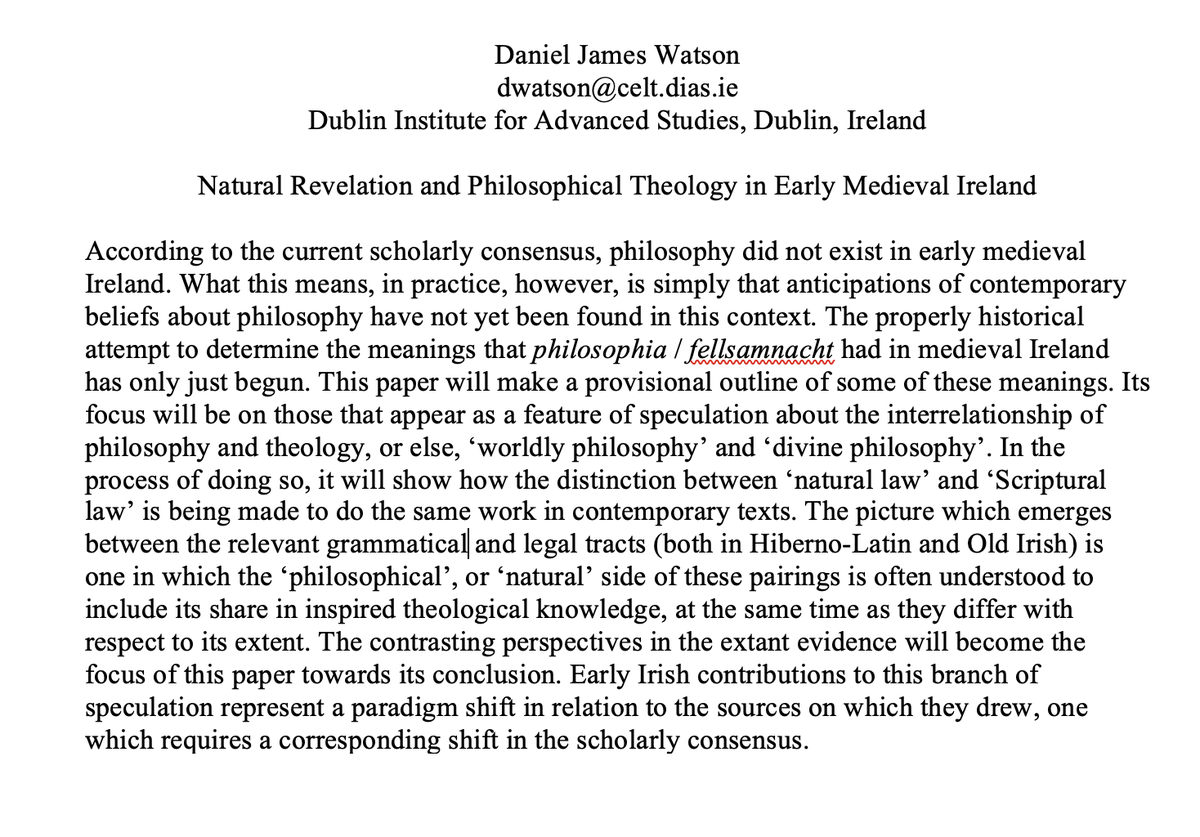 The paper I am presenting to the European Academy of Religion next week marks my first attempt to convince scholars of theology and religious studies that early medieval Irish philosophy exists, is describable, and is significant to their interests. Wish me luck! #EuARe2024