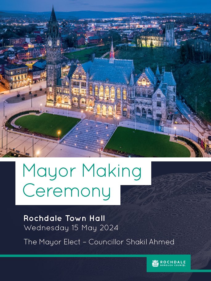 Tomorrow there's a full council meeting at Rochdale Town Hall. We'll share live updates from 6pm. View the agenda ▶️ democracy.rochdale.gov.uk/ieListDocument… We'll also welcome our new mayor and mayoress 👏 Image courtesy of @andymallins