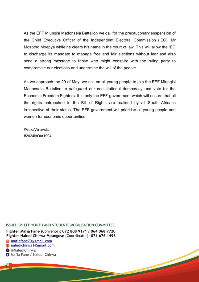 EFF MLUNGISI MADONSELA BATTALION WARNS THE IEC TO REMAIN IMPARTIAL Tuesday, 14 May 2024