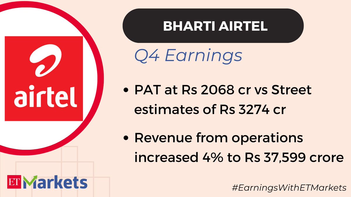 #BhartiAirtel Q4 Results #EarningsWithETMarkets Catch all live updates here: economictimes.indiatimes.com/markets/stocks…