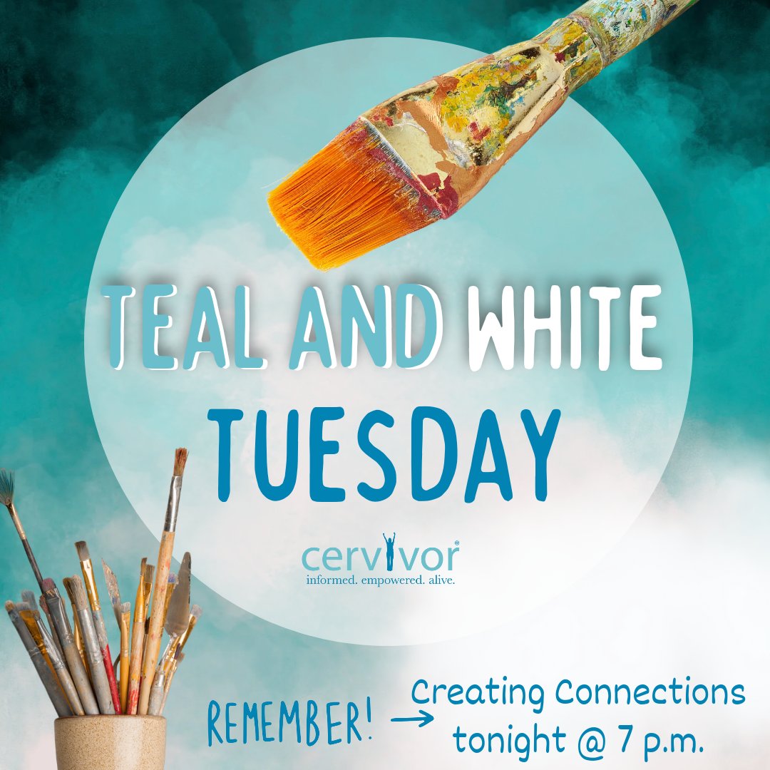 It's Teal and White Tuesday! Are you registered for tonight’s Creating Connections which where those directly impacted by cervical cancer come together. Click the link bit.ly/4b1k6Cd, register and we will see you tonight! #Cervivor #TealAndWhiteTuesday #RegisterNow