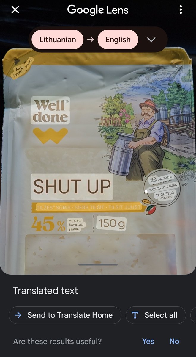 Crying at this very blunt Google Lens translation of a packet of Lithuanian cheese.