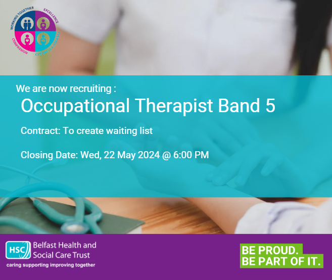 We are recruiting for multiple Occupational Therapist Band 5's across Belfast Health and Social Care Trust Closing date: Wed, 22 May 2024 @ 6:00 PM For more details and to apply visit: bit.ly/4bG0e7P