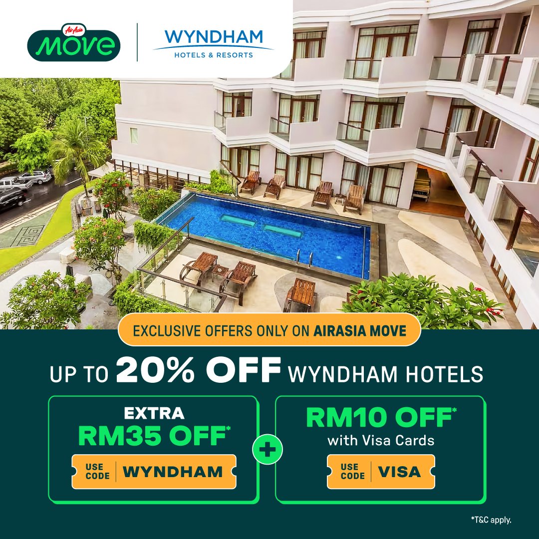 Enjoy incredible discounts on Wyndham Hotels & Resorts in Malaysia, Indonesia, Thailand and Vietnam when you book via #AirAsiaMOVE! 🟢📲

Find out more: air.asia/Jx222 ✨️

#GoAllTheWay #AirAsiaHotels #WyndhamHotels #Hotels #Hotel