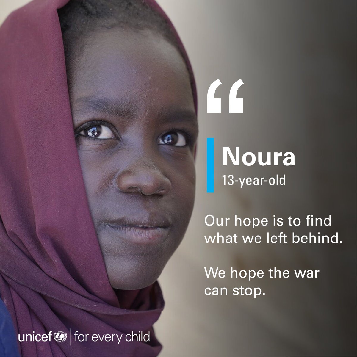 Noura, 13 years, was displaced from Tawila to El Fasher in North Darfur when the war started in #Sudan.​

The renewed clashes in El Fasher damaged a paediatric hospital, killed 2 children and put the lives & well-being of 750,000 children at risk.

Children are #NotATarget.