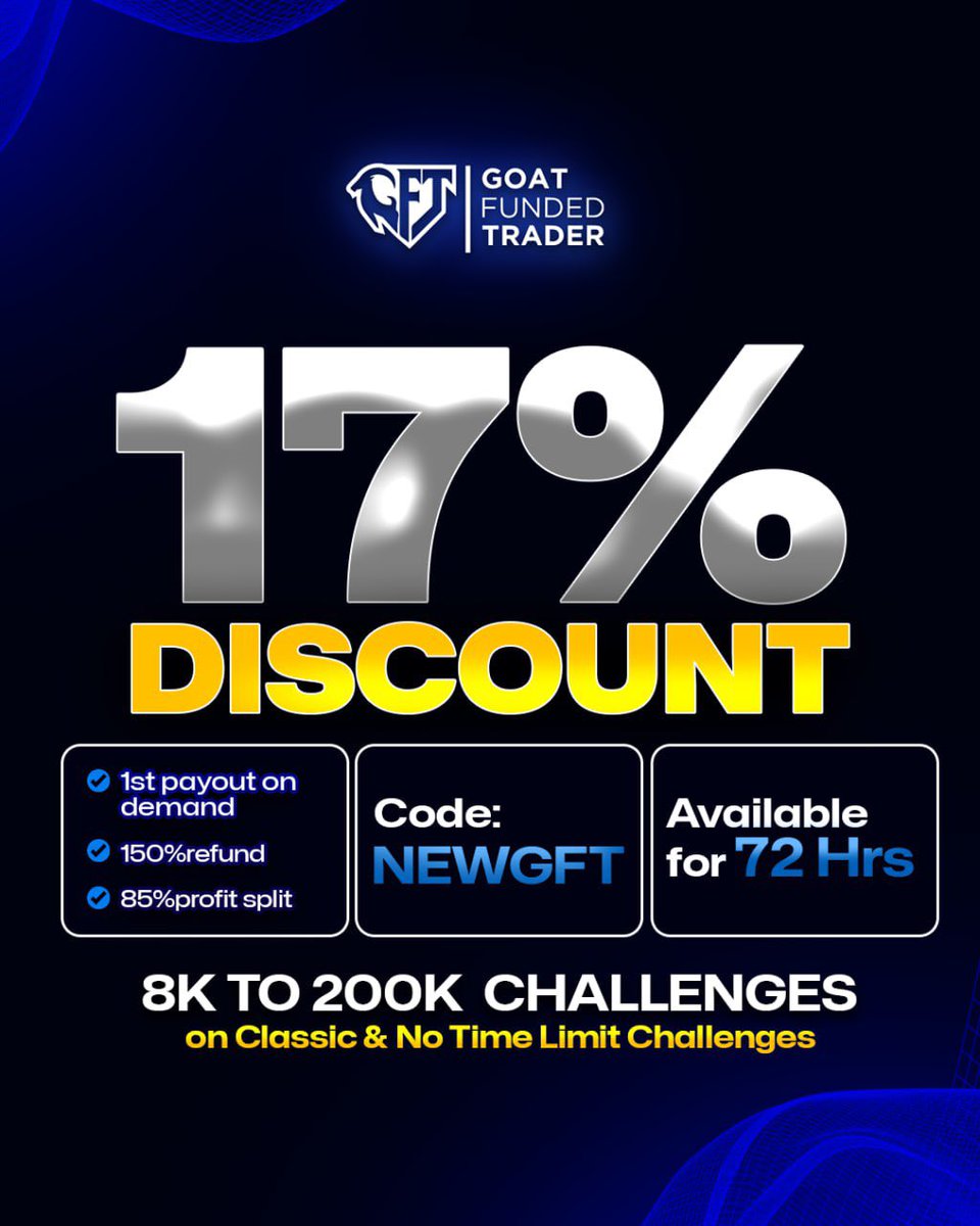 🚨FLASH SALE 🚨

Celebrating our new Website with:

✅17% OFF
✅150% REFUND
✅85% PROFIT SPLIT

Available for 48 hours on Classic and No Time Limit challenges from 8K to 200K🔥

🎟 CODE: NEWGFT

Use this link to take advantage now!!
goatfundedtrader.com/aff/355

Let's 🐐