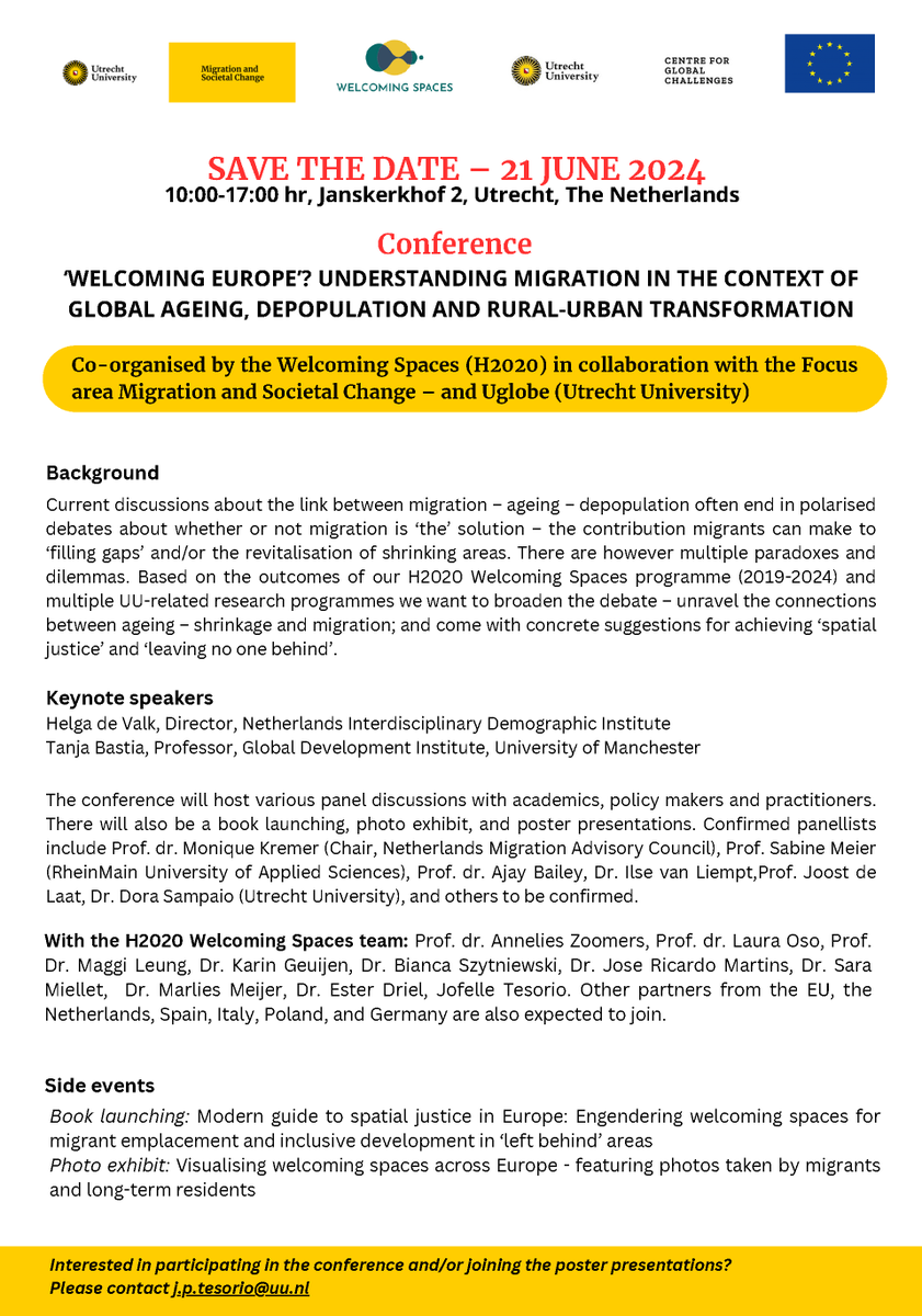 We are excited to let you know about an upcoming conference that the Welcoming Spaces (H2020) is organising with the Focus Area Migration and Societal Change and the Centre for #Global Challenges.
#Utrecht #Migration #universiteitutrecht #uu