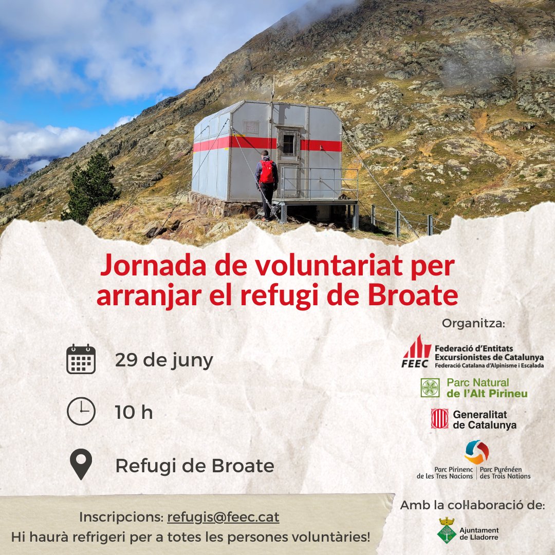 Conjuntament amb el @pnaltpirineu organitzem una jornada de conservació al refugi d'emergència de Broate 🏠 Cerquem voluntaris i voluntàries per a poder millorar el refugi. Ens hi acompanyes? 🎒🚶‍♀️🚶 ➕ INFO ➡️tuit.cat/y8vg9 #sentlamuntanya #sommuntanya #refugisfeec