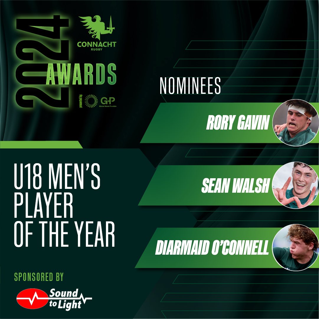 Introducing the nominees for the 2024 @soundtolightgal U18 Men's Player of the Year  ⭐️

The winner will be announced at the 2024 #ConnachtRugbyAwards presented by @GlobalEOR on May 25th. 

Tickets 🎟️ connachtrugby.ie/commercial/con…
