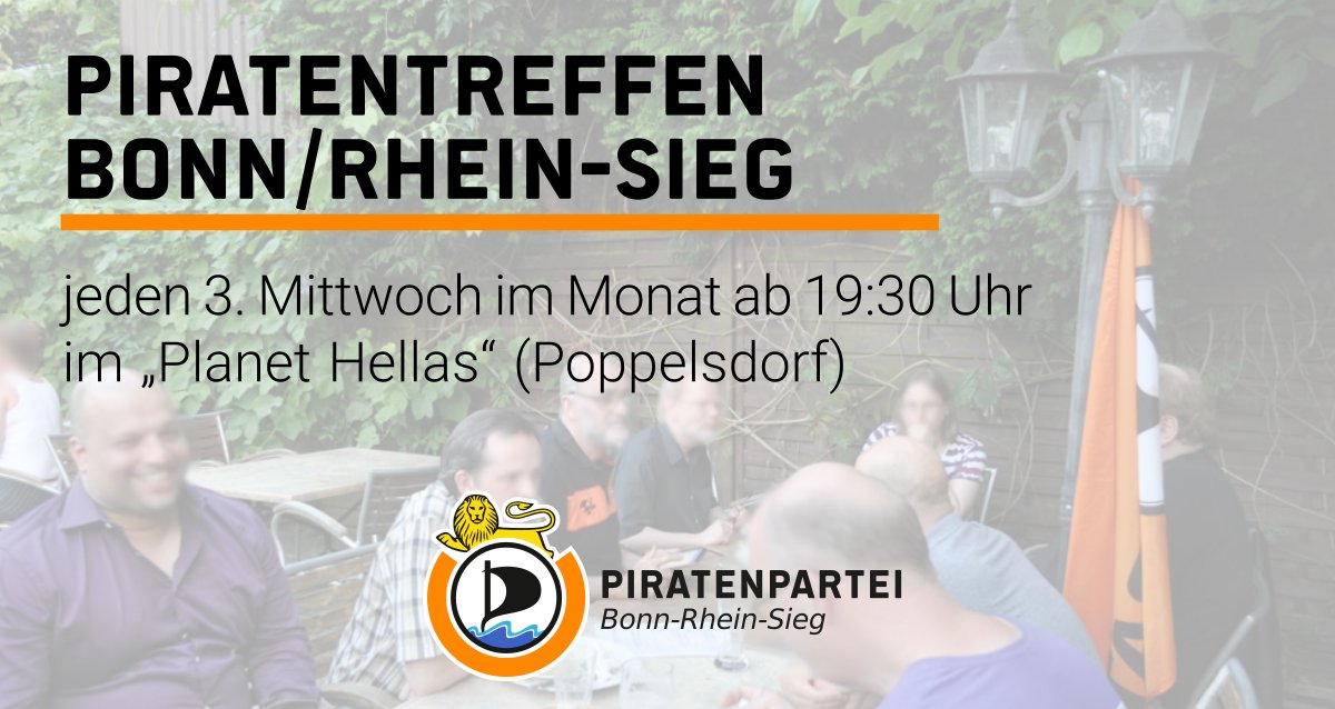 Mittwoch (15.05.2024) ist #Stammtisch der #Piraten in #Bonn / #RheinSieg.

Wir sind, wie gewohnt, ab 19:30 Uhr im „Planet Hellas“ in Bonn-Poppelsdorf.